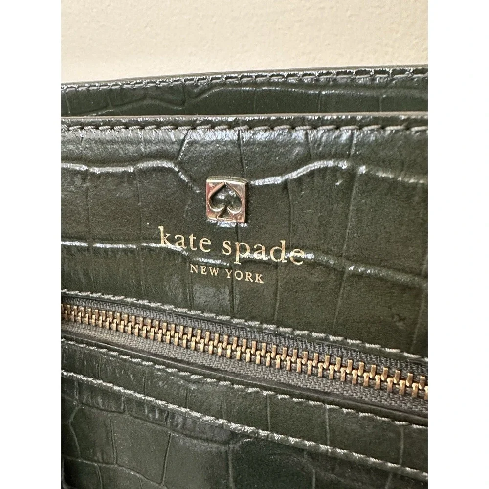 Kate‎ Spade NY Crocodile Embossed Leather Shoulder Satchel Handbag Dark Green